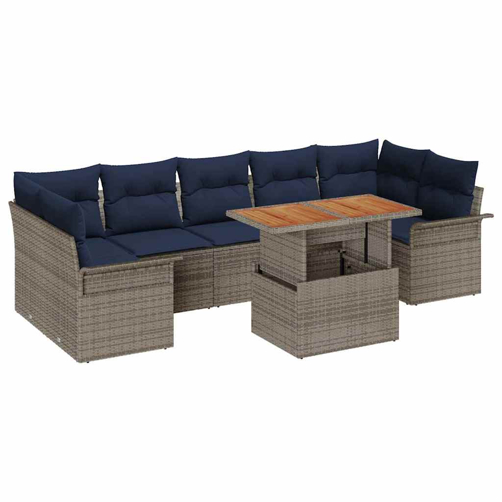 Gartensofa-set mit Kissen 8 pcs Grau und Marineblau Poly-Rattan