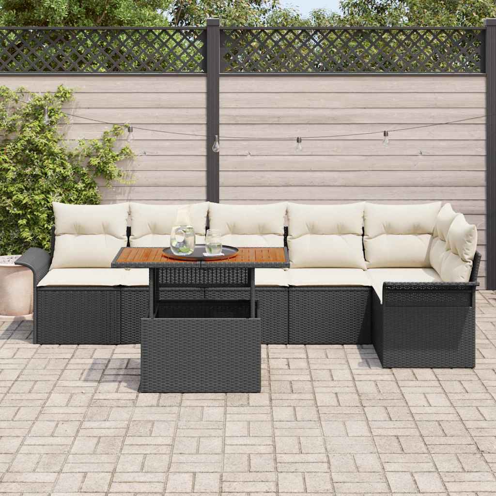 Gartensofa-set mit Kissen 7 pcs Schwarz und Creme Poly-Rattan