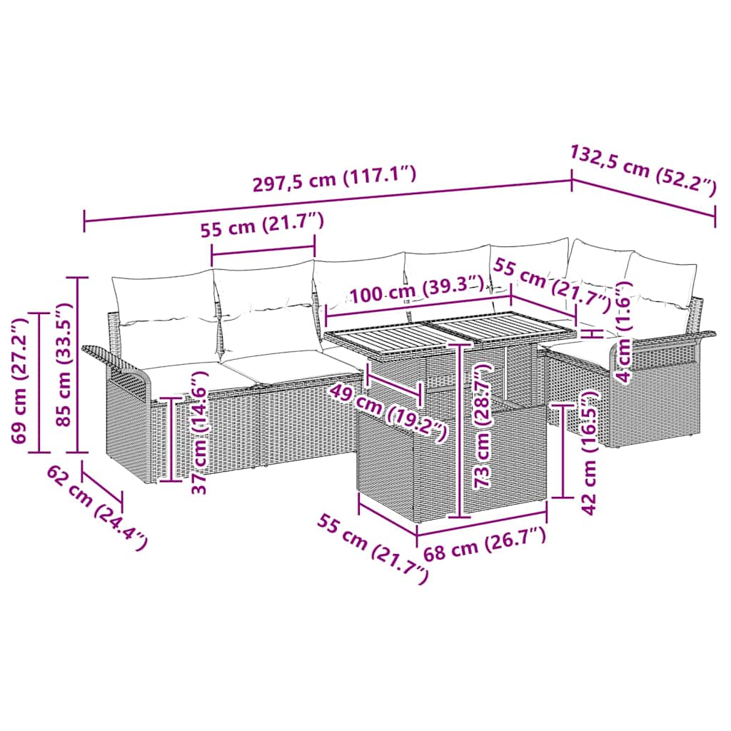 Gartensofa-set mit Kissen 7 pcs Schwarz und Creme Poly-Rattan