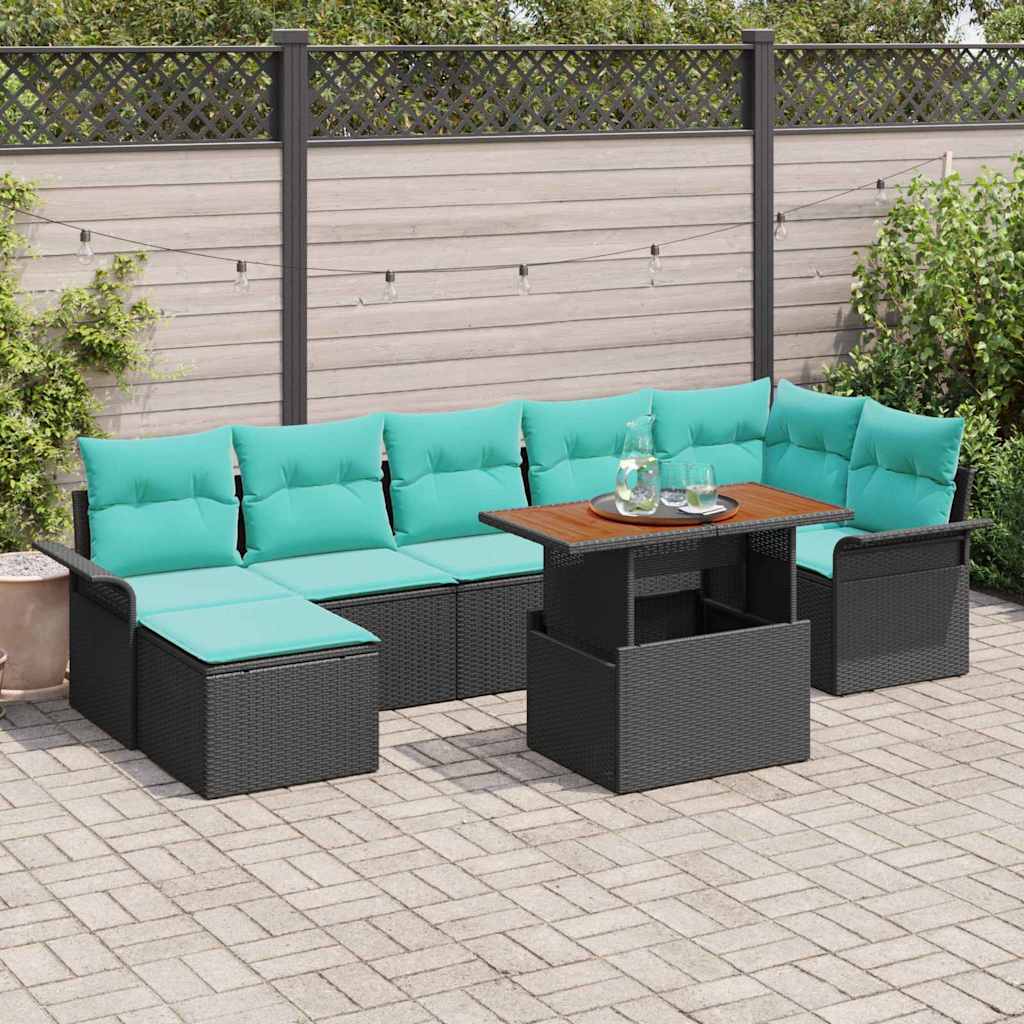 Gartensofa-set mit Kissen 8 pcs Schwarz und Blau Poly-Rattan