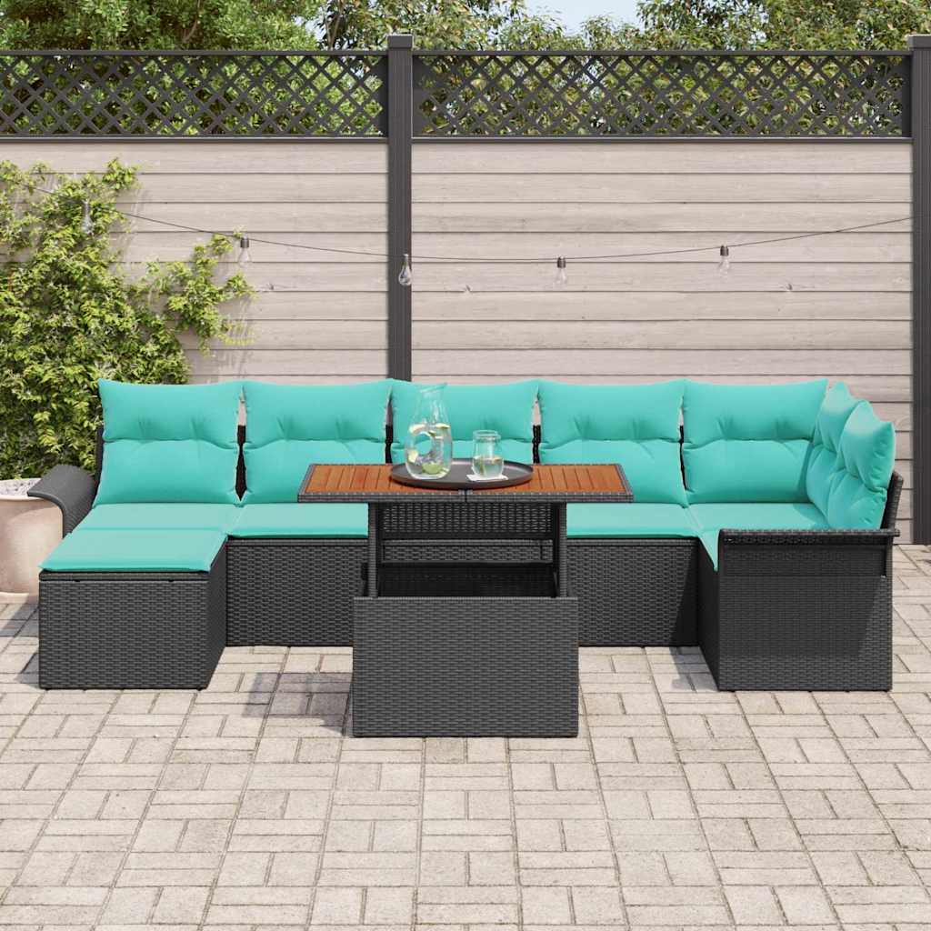 Gartensofa-set mit Kissen 8 pcs Schwarz und Blau Poly-Rattan