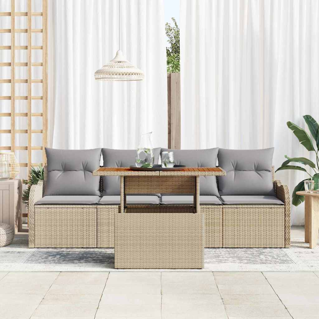 Gartensofa-set mit Kissen 5 pcs Beige und Hellgrau Poly-Rattan