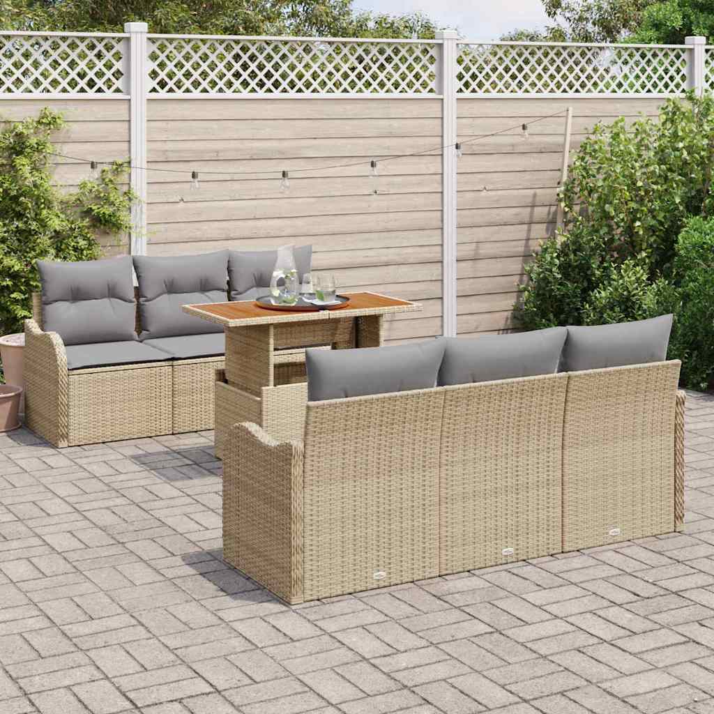 Gartensofa-set mit Kissen 7 pcs Beige und Hellgrau Poly-Rattan