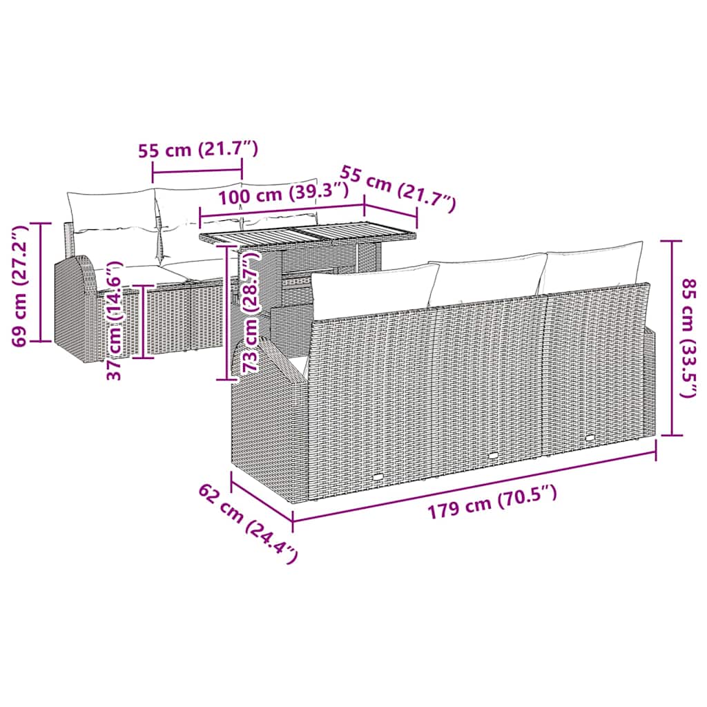 Garten-Sofa-Set mit Kissen 7 pcs Schwarz