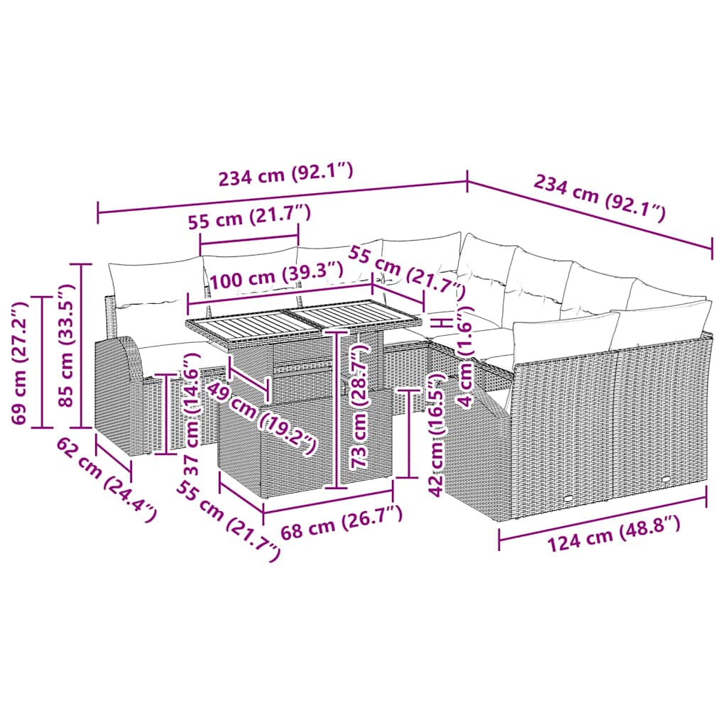 Garten-Sofa-Set mit Kissen 9 pcs Schwarz