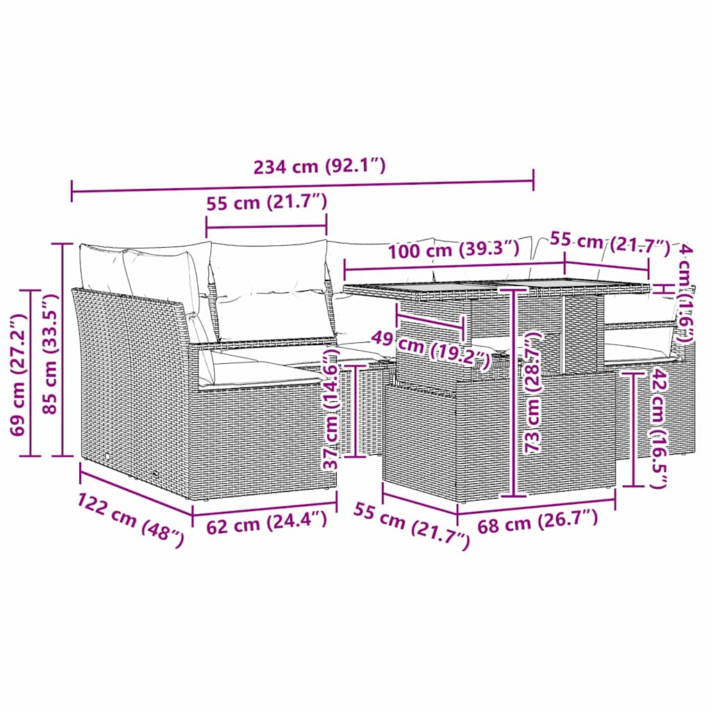 Garten-Sofa-Set mit Kissen 7 pcs Schwarz