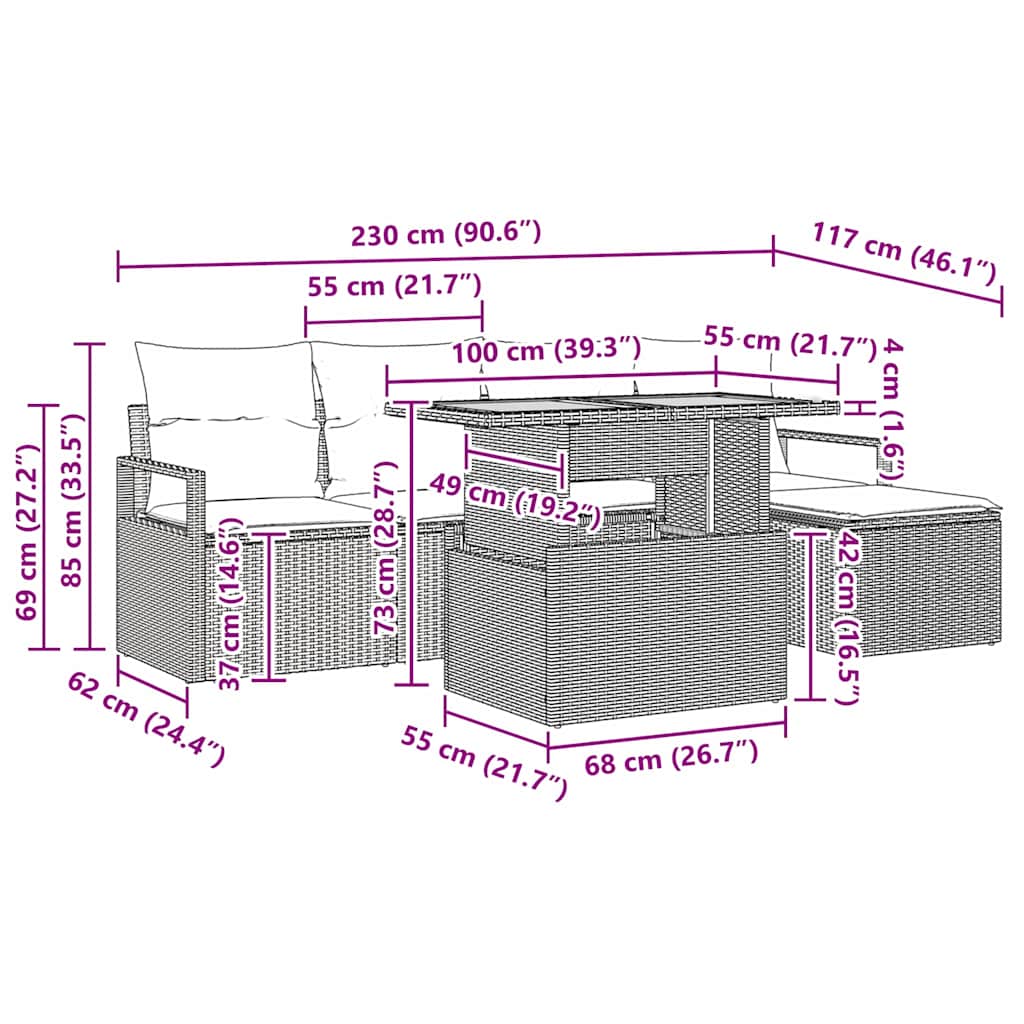 Garten Essgruppe mit Kissen 6 pcs Schwarz und Braun