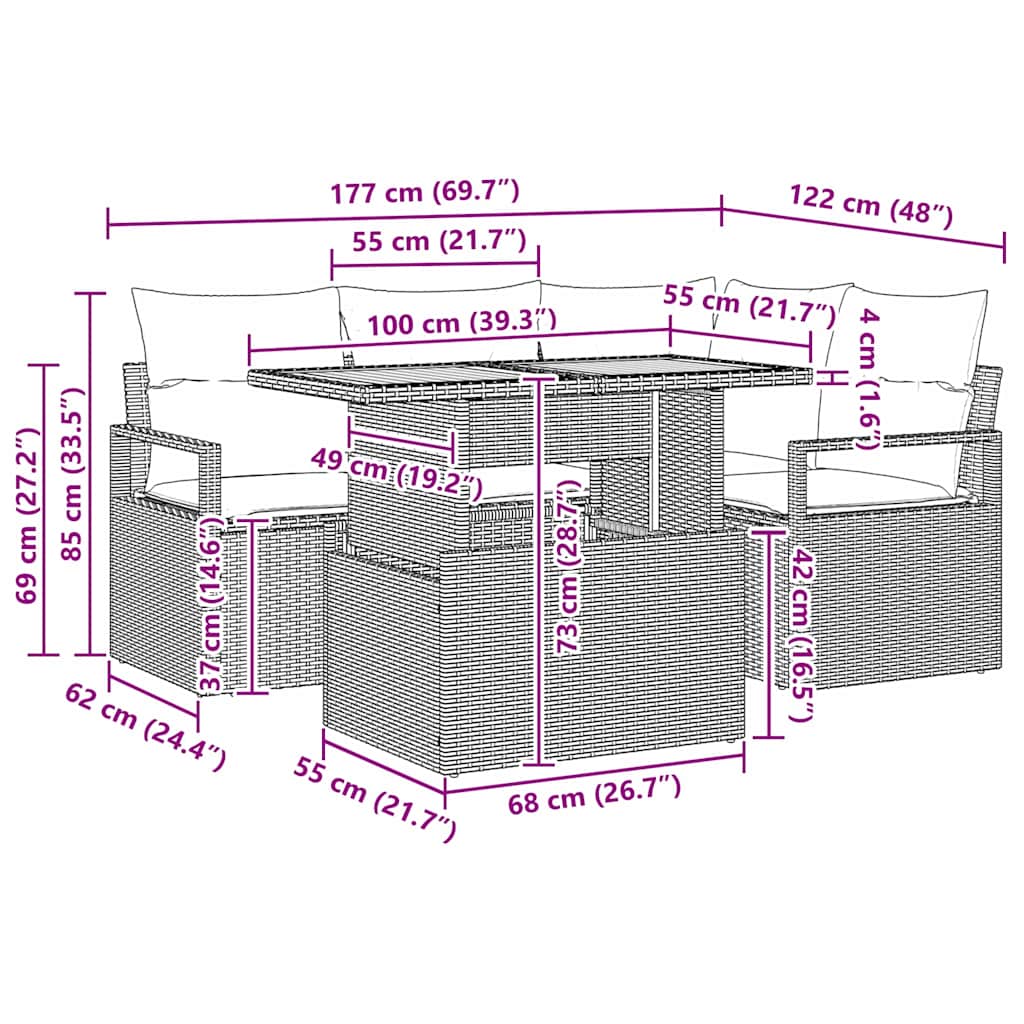 Garten Essgruppe mit Kissen 5 pcs Schwarz und Creme