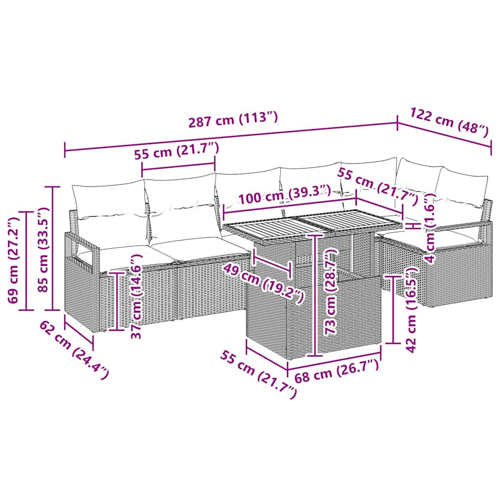 Garten Essgruppe mit Kissen 7 pcs Schwarz und Creme