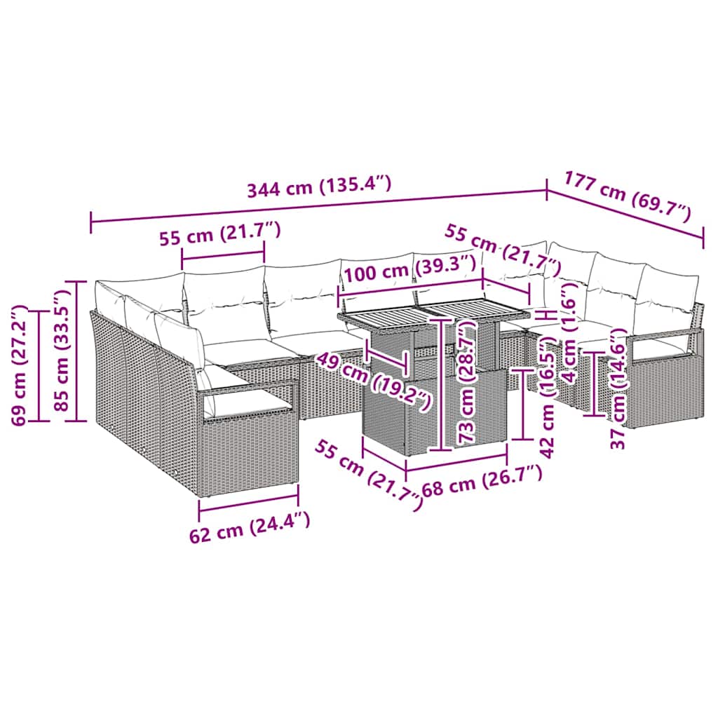 Garten-Sofa-Set mit Kissen 11 pcs Grau und Braun