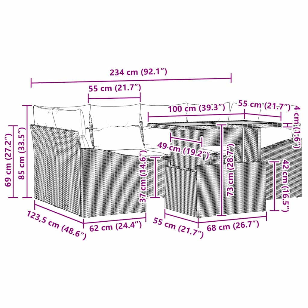 Garten Essgruppe mit Kissen 7 pcs Grau und Braun