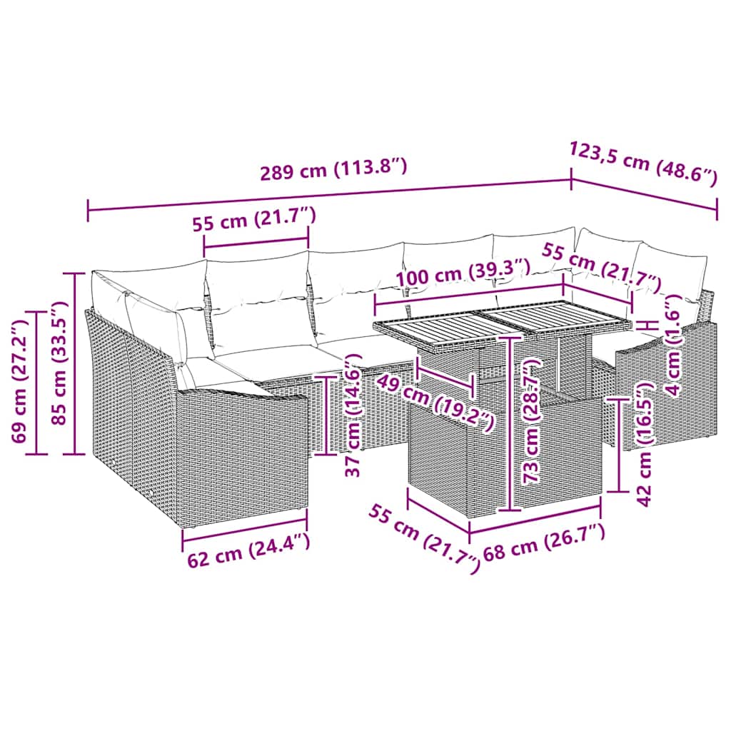 Garten Essgruppe mit Kissen 8 pcs Grau und Braun