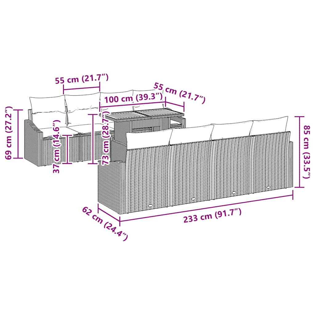 Garten Essgruppe mit Kissen 9 pcs Schwarz und Braun