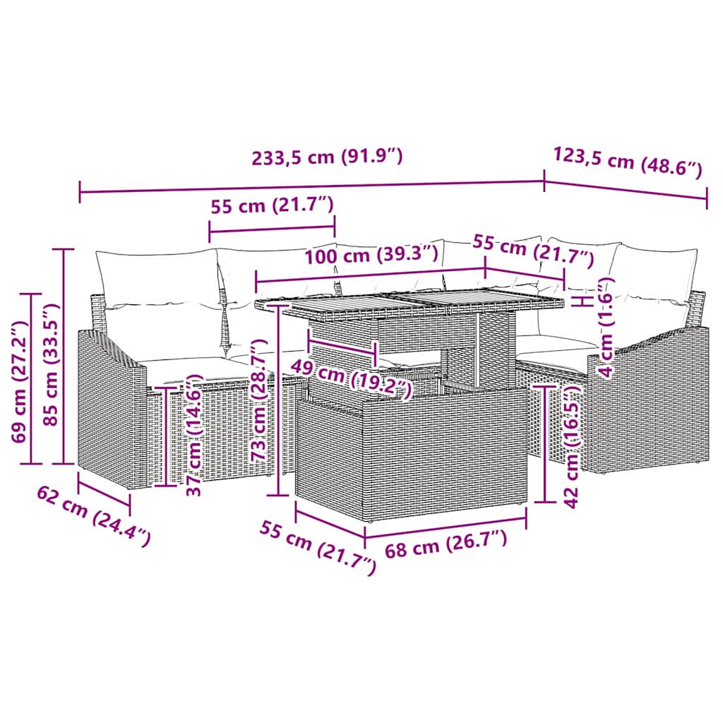 Garten Essgruppe mit Kissen 6 pcs Schwarz und Braun
