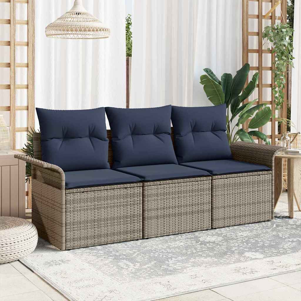 Garten-Sofa-Set mit Kissen mit Speicher 3 pcs Grau Poly Rattan