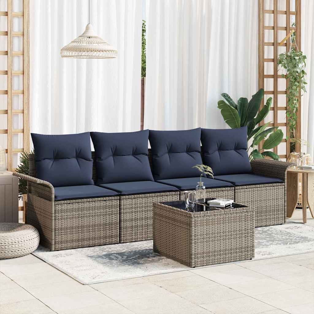 Gartensofa-set mit Kissen 5 pcs Grau und Marineblau Poly-Rattan