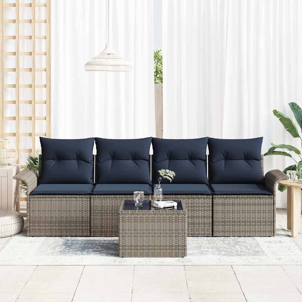 Gartensofa-set mit Kissen 5 pcs Grau und Marineblau Poly-Rattan