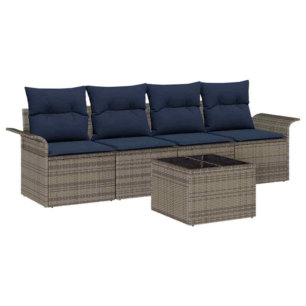 Gartensofa-set mit Kissen 5 pcs Grau und Marineblau Poly-Rattan