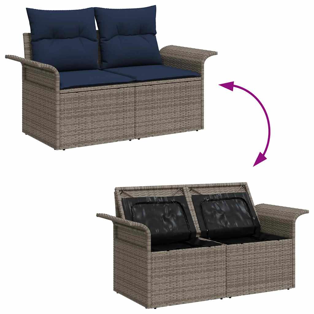 Gartensofa-set mit Kissen 5 pcs Grau und Marineblau Poly-Rattan