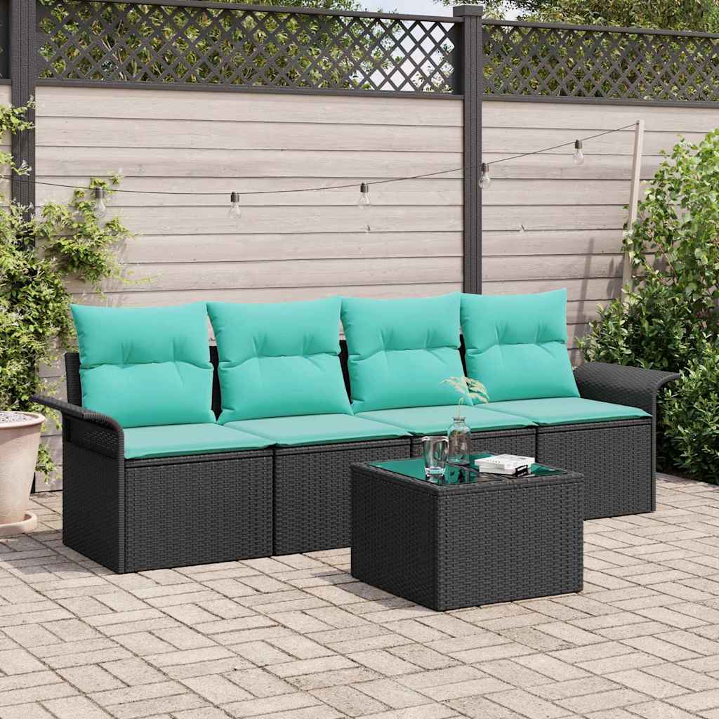 Gartensofa-set mit Kissen 5 pcs Schwarz und Türkis Poly-Rattan