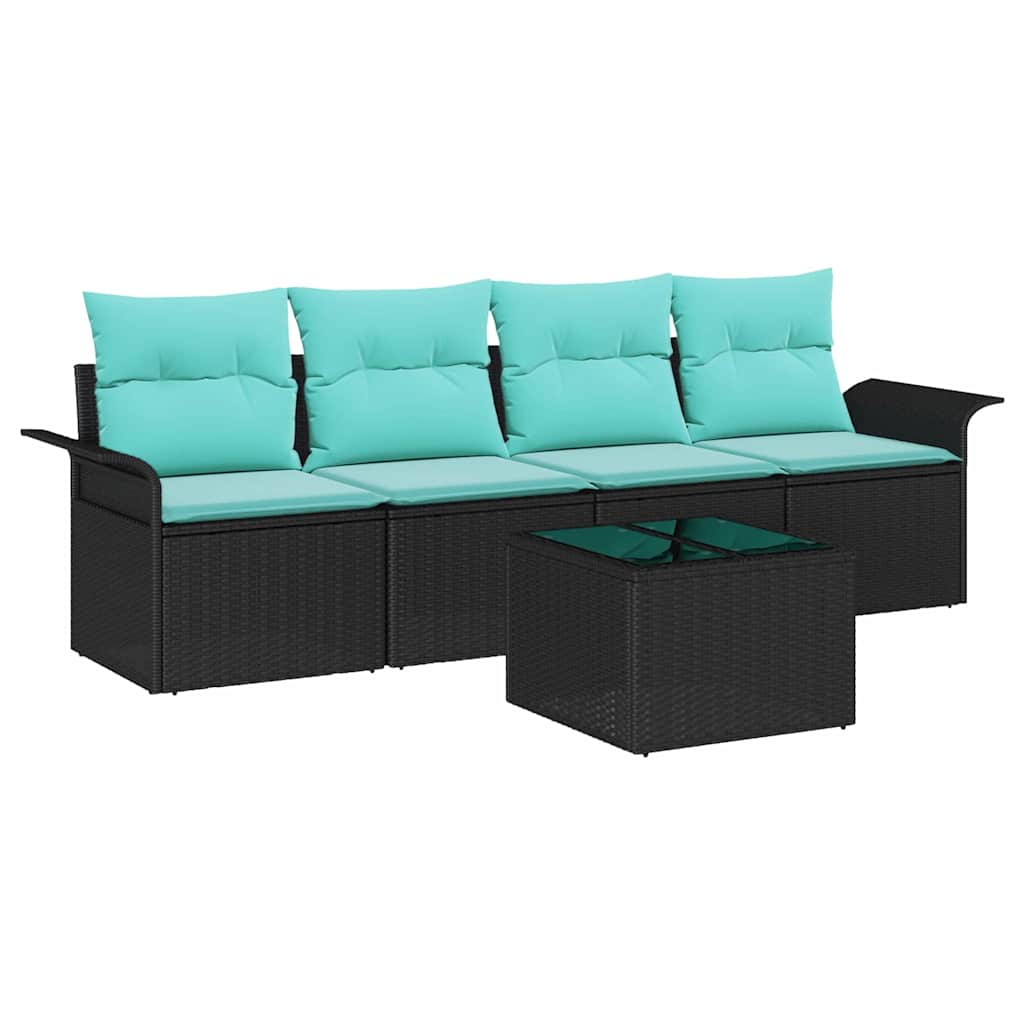 Gartensofa-set mit Kissen 5 pcs Schwarz und Türkis Poly-Rattan