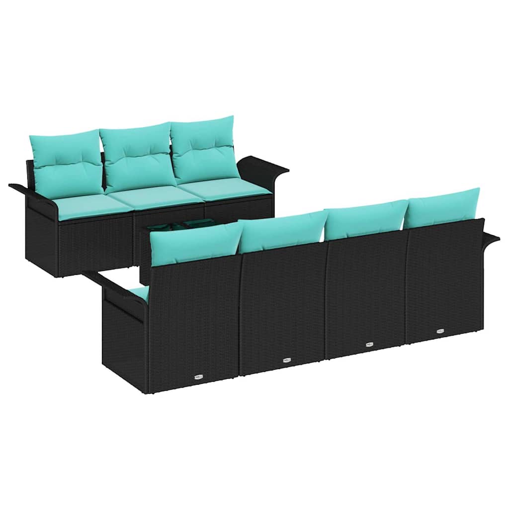 Gartensofa-set mit Kissen 8 pcs Schwarz und Türkis Poly-Rattan