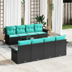 Gartensofa-set mit Kissen 9 pcs Schwarz und Türkis Poly-Rattan