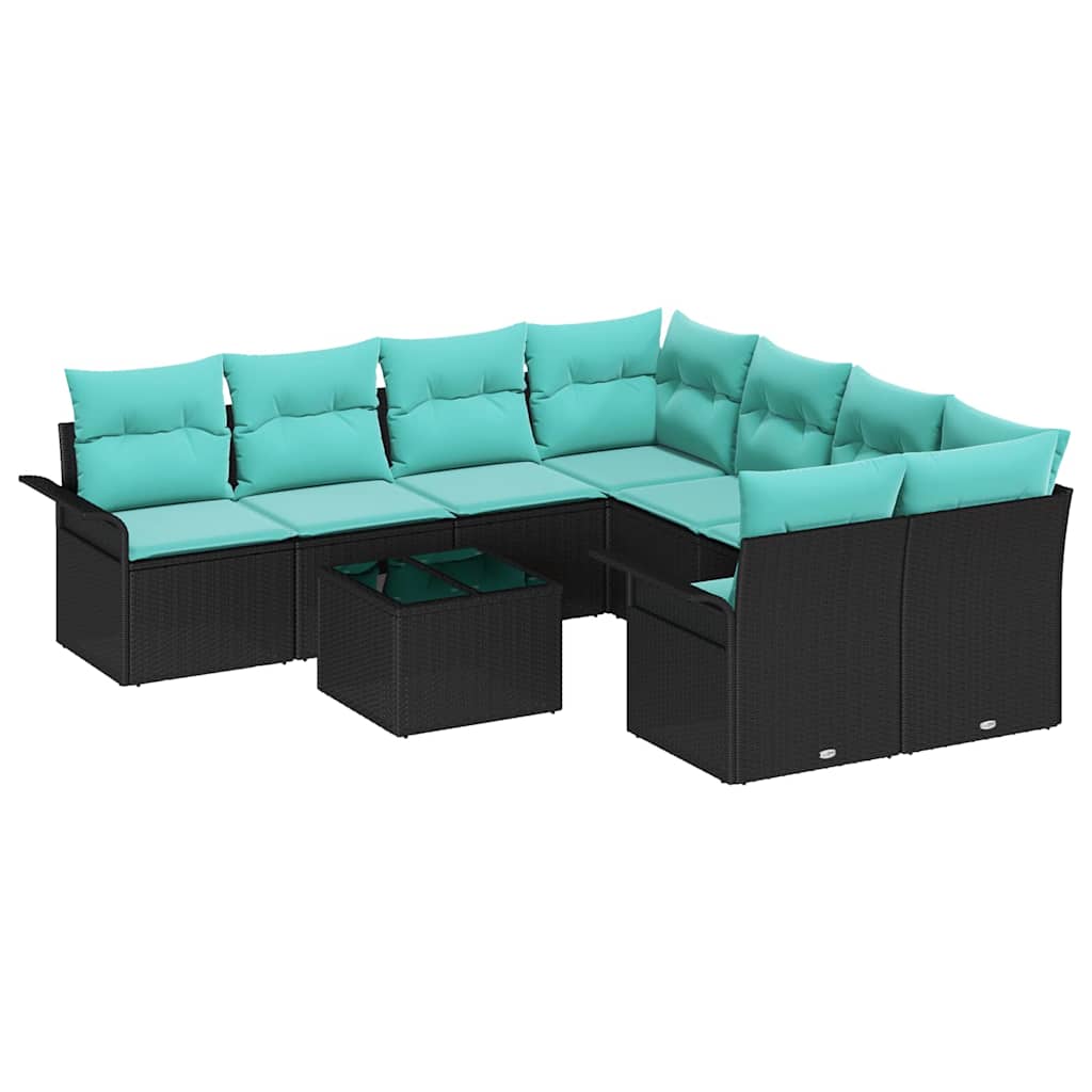Gartensofa-set mit Kissen 9 pcs Schwarz und Türkis Poly-Rattan