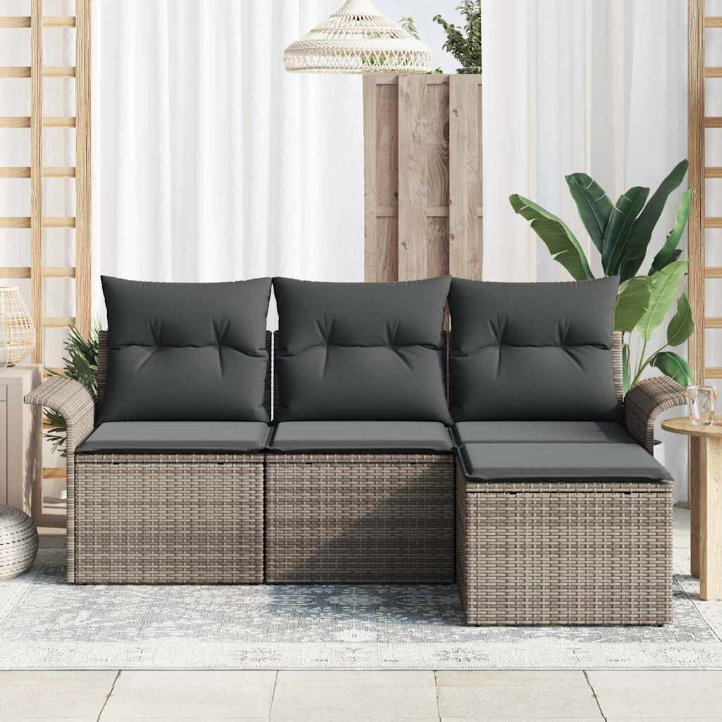 Garten-Sofa-Set mit Kissen mit Speicher 4 pcs Grau Poly Rattan