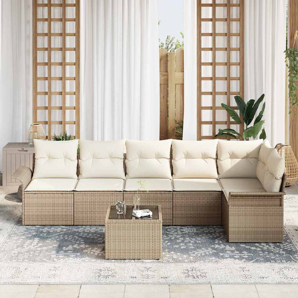 Garten-Sofa-Set mit Kissen mit Speicher 7 pcs Beige Poly Rattan