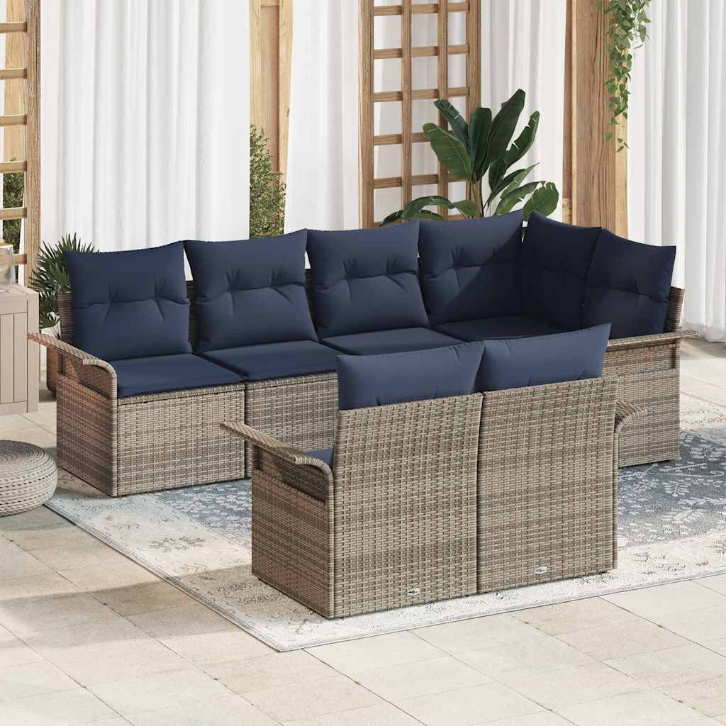 Garten-Sofa-Set mit Kissen mit Speicher 7 pcs Grau Poly Rattan