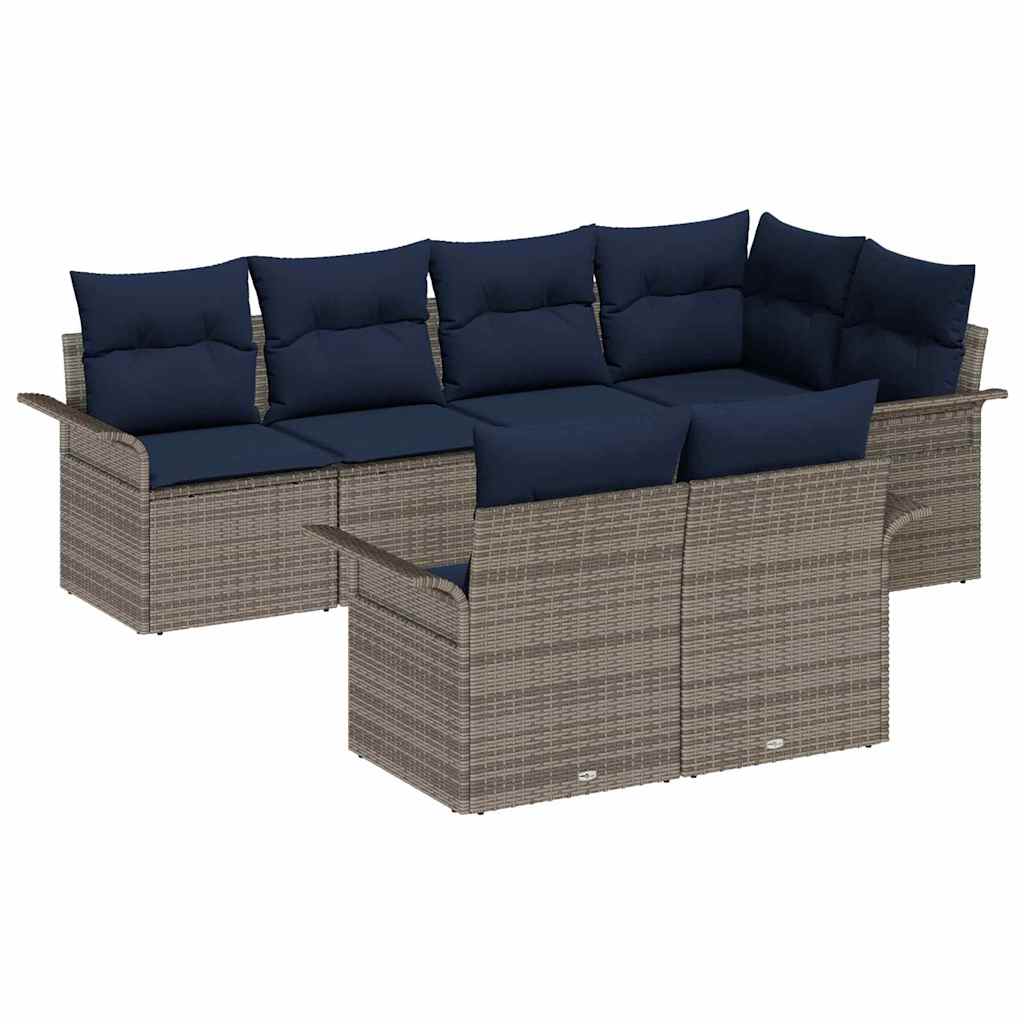 Garten-Sofa-Set mit Kissen mit Speicher 7 pcs Grau Poly Rattan