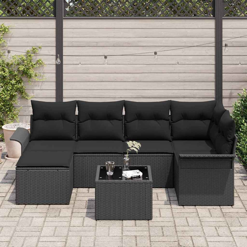 Gartensofa-set mit Speicher 7 pcs Schwarz Poly-Rattan