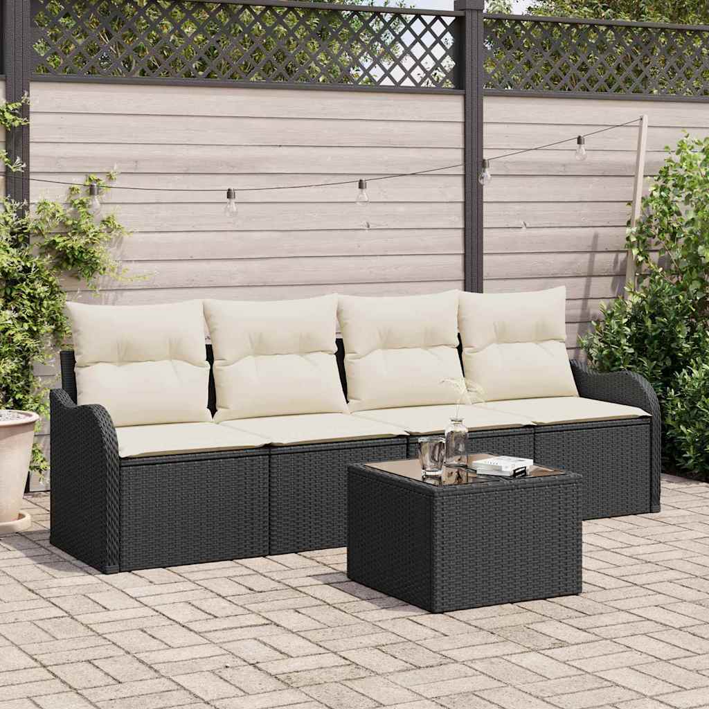 Gartensofa-set mit Speicher 5 pcs Schwarz und Creme Poly-Rattan