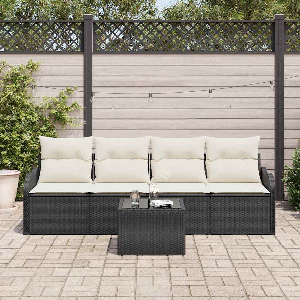 Gartensofa-set mit Speicher 5 pcs Schwarz und Creme Poly-Rattan