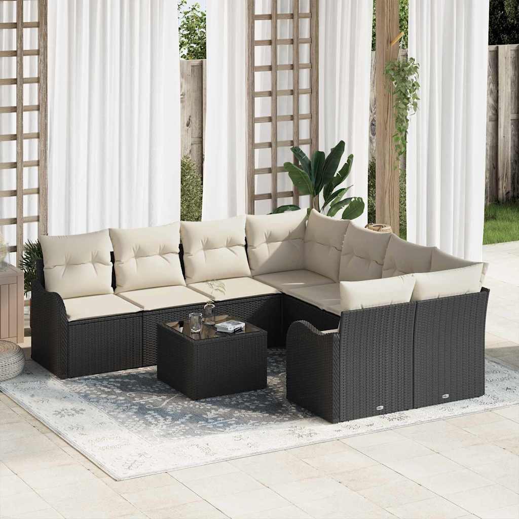 Gartensofa-set mit Kissen mit Speicher 9 pcs Schwarz und Creme