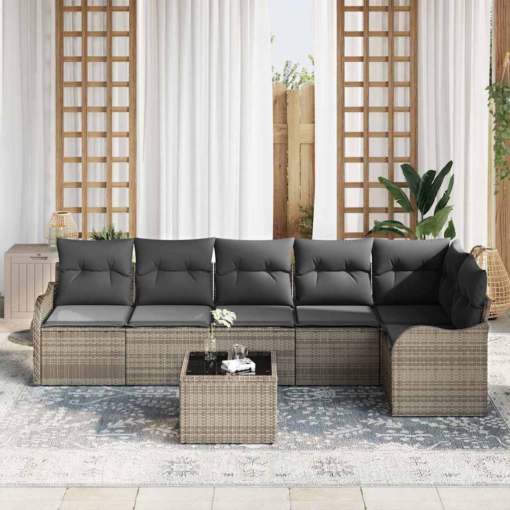 Garten-Sofa-Set mit Kissen 7 pcs Schwarz Poly Rattan