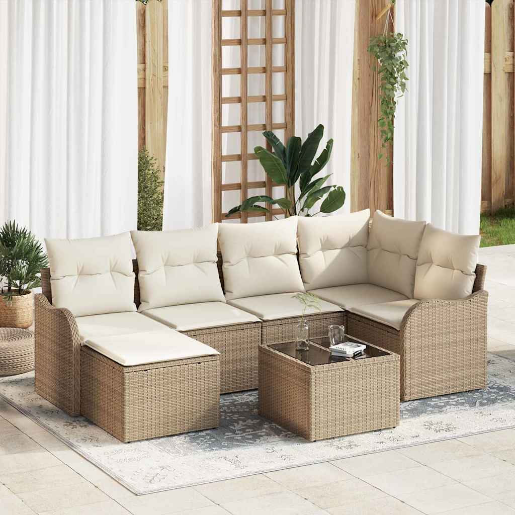 Garten-Sofa-Set mit Kissen 7 pcs Beige und Weiß Poly Rattan