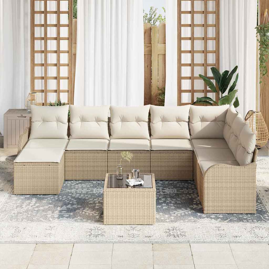Garten-Sofa-Set mit Kissen 9 pcs Beige und Weiß Poly Rattan