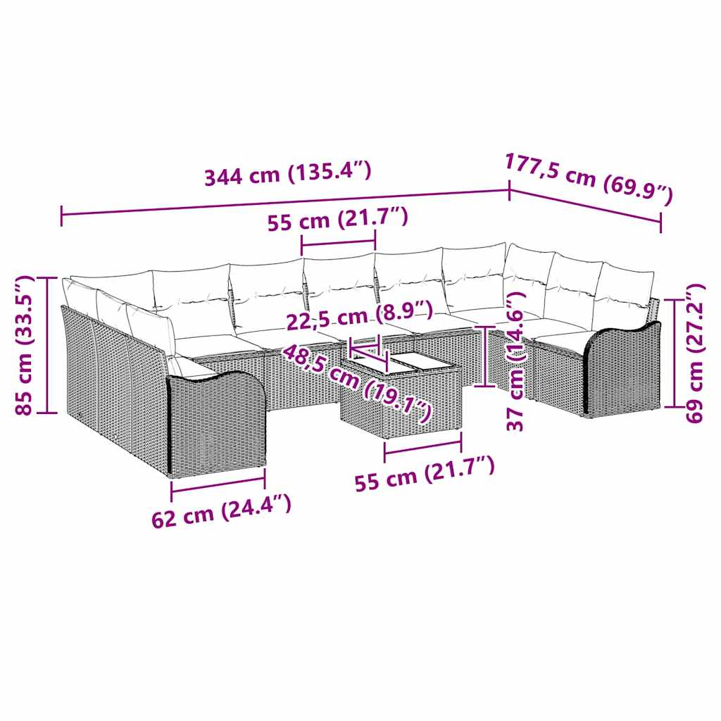 Gartensofa-set mit Speicher 11 pcs Beige und Weiß Poly-Rattan