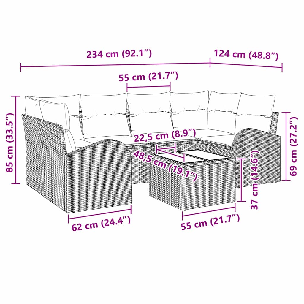 Gartensofa-set mit Speicher 7 pcs Braun und Creme Poly-Rattan