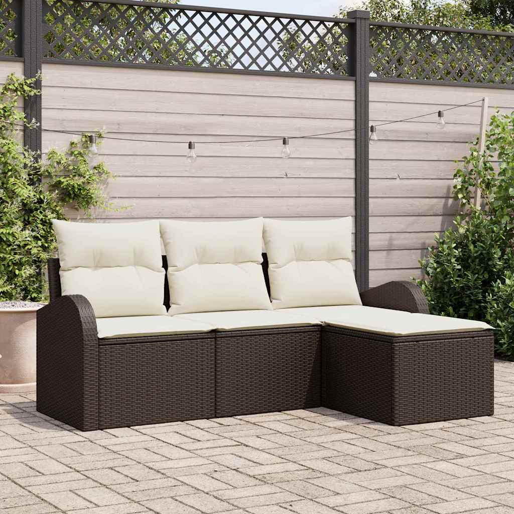 Sofa Set mit Kissen 4 pcs Braun und Weiß Poly-Rattan