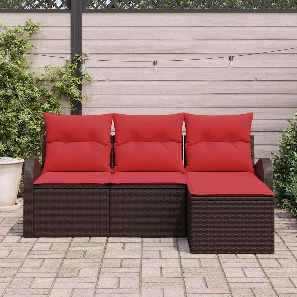 Sofa Set mit Kissen 4 pcs Braun und Rot Poly-Rattan