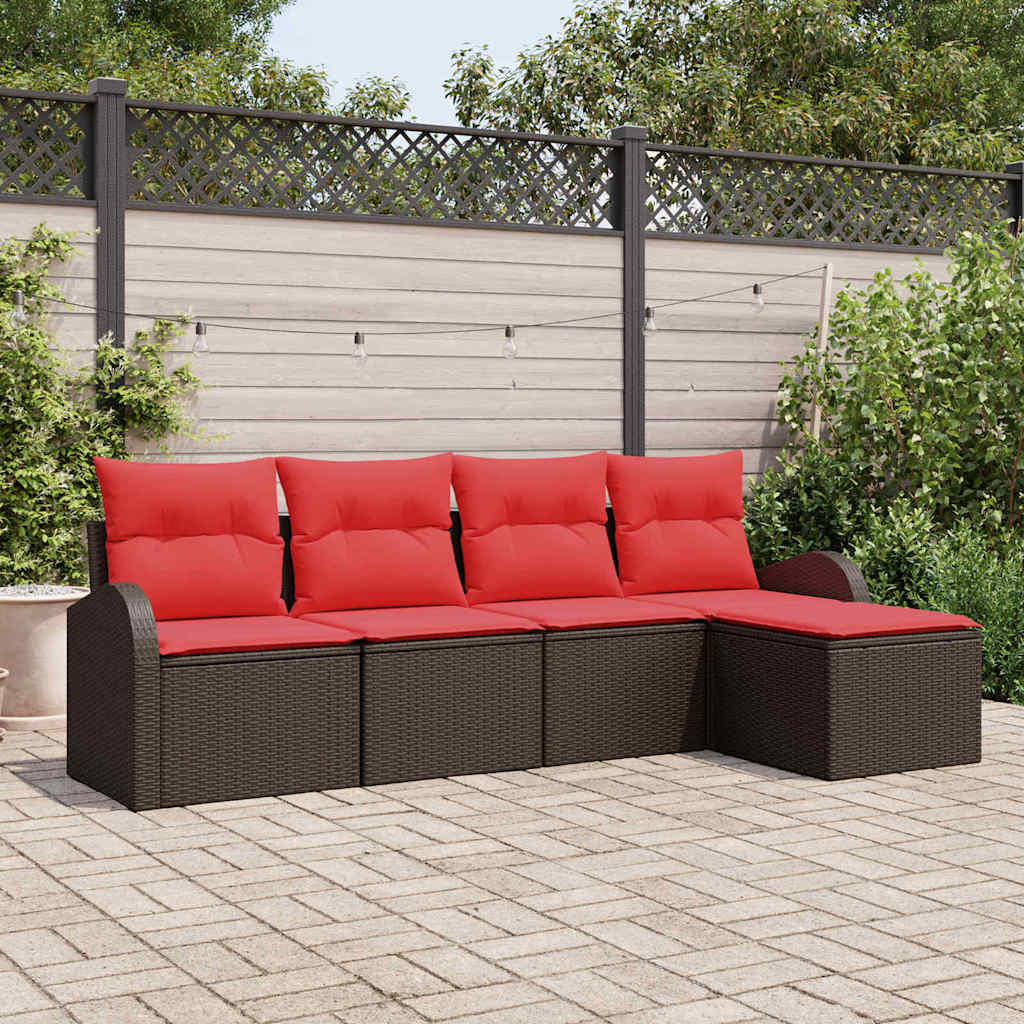 Sofa Set mit Kissen 5 pcs Braun und Rot Poly-Rattan