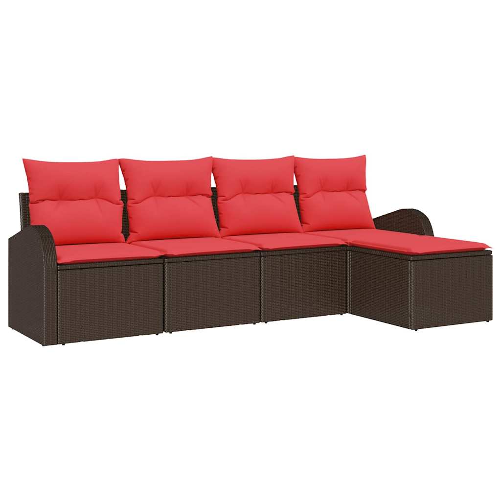 Sofa Set mit Kissen 5 pcs Braun und Rot Poly-Rattan