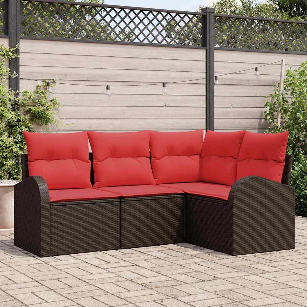 Gartensofa-set mit Kissen 4 pcs Braun und Rot Poly-Rattan