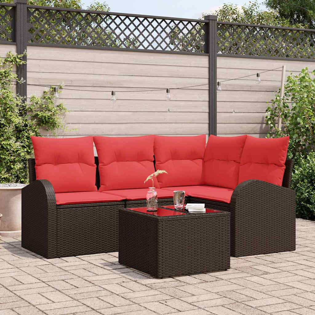 Gartensofa-set mit Kissen 5 pcs Braun und Rot Poly-Rattan
