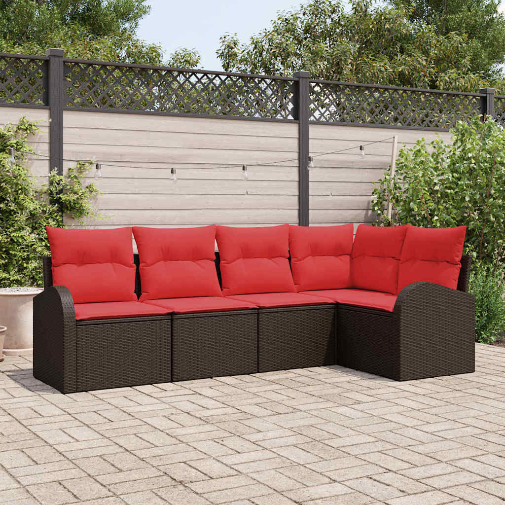 Gartensofa-set mit Kissen 5 pcs Braun und Rot Poly-Rattan