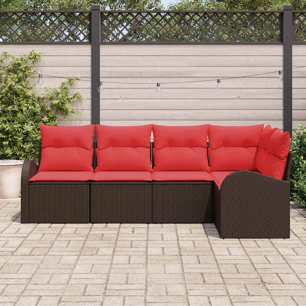 Gartensofa-set mit Kissen 5 pcs Braun und Rot Poly-Rattan