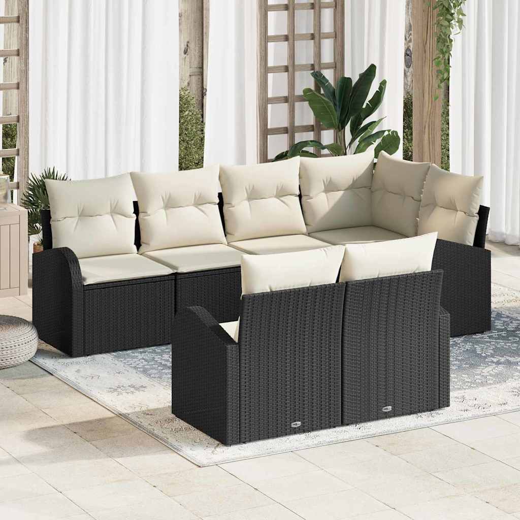 Gartensofa-set mit Kissen 7 pcs Schwarz und Weiß Poly-Rattan